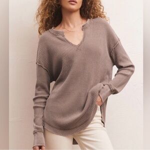 Z Supply Waffle Knit Henley Thermal Sweatshirt Top
